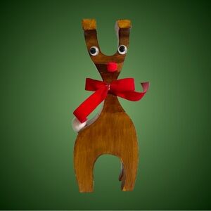 Adorable vintage midcentury style wooden reindeer w/ red nose, googly eyes